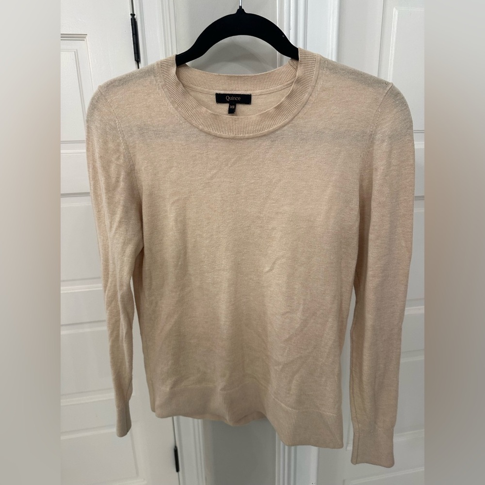 Quince Cotton Cashmere Pullover Top Long Sleeve Sweater Ribbed Crew Neck Tan XS